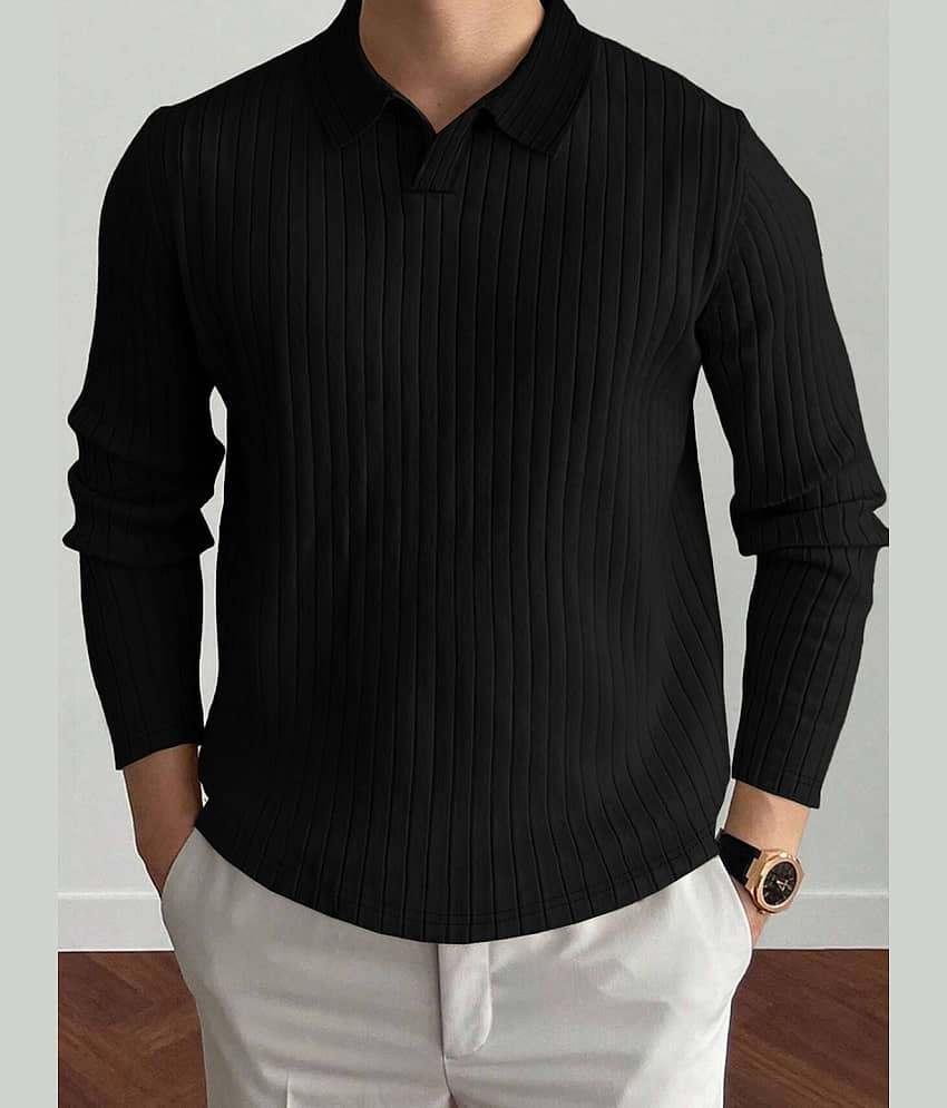 Eyebogler Pack of 1 Cotton Blend Regular Fit Striped Full Sleeves Men's Polo T Shirt ( Black )