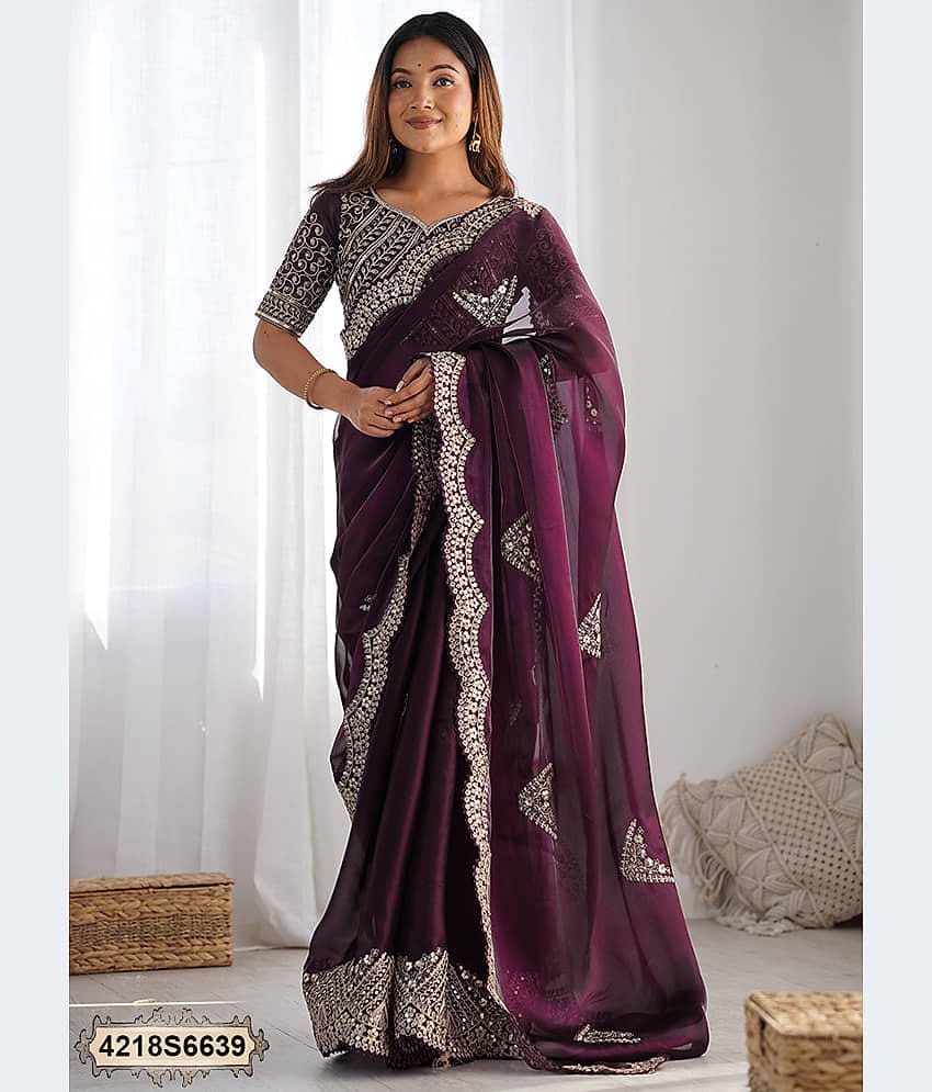 Samah Tissue Embroidered Saree With Unstitched Blouse Piece ( Beige )