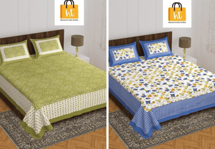 3001-Hometrade India-Standard King Size (90*108 Inches)-Pure Cotton Jaipuri Double Bedsheet With Matching Pillow Cover