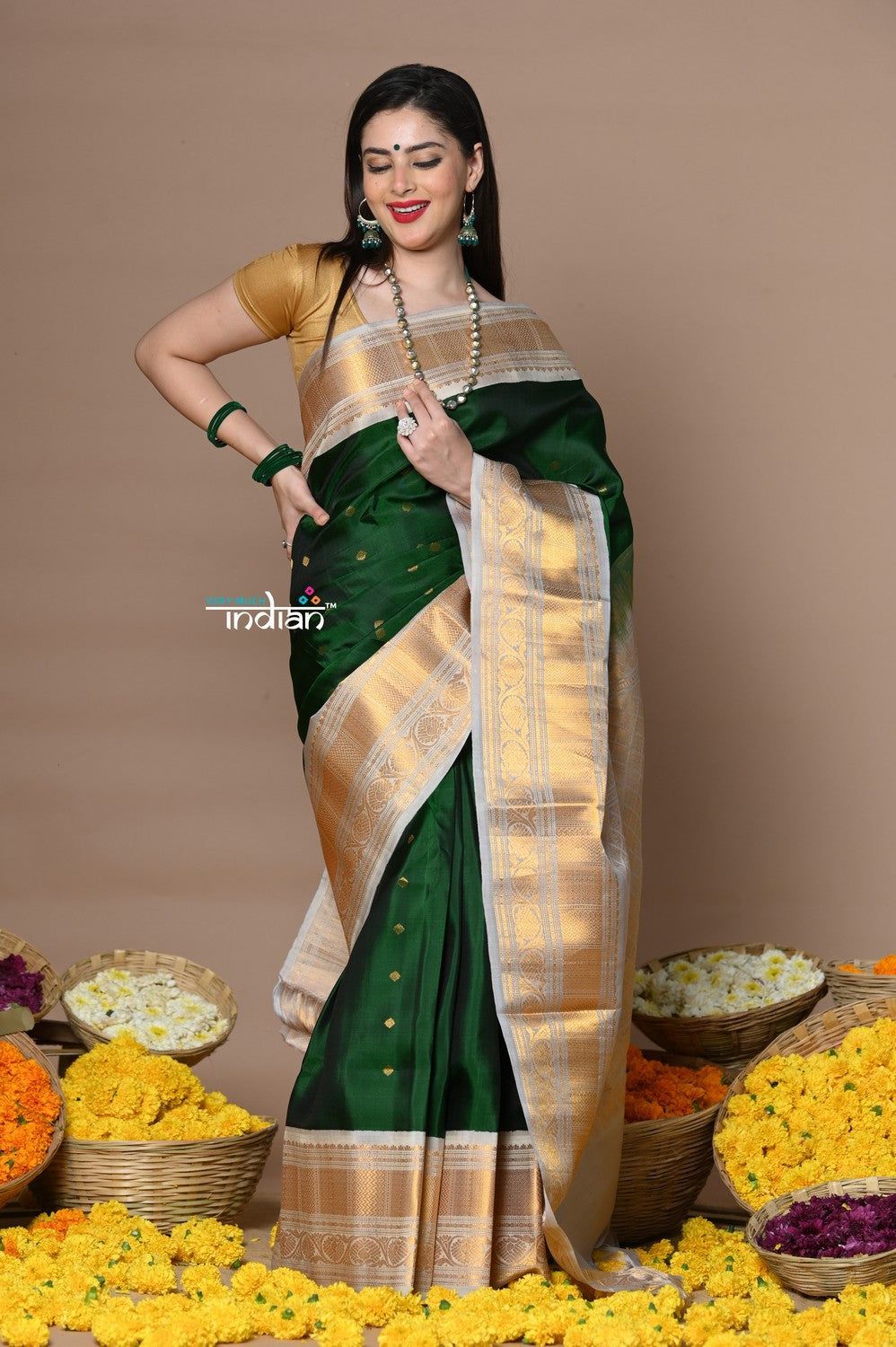 Rajsi~ Handloom Pure Silk Gadwal Saree Handcrafted Zari Pallu In Royal Green and Golden Border
