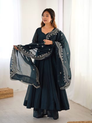 Party Wear Look Gown-Dupatta in  Embroidery  Work-M / Rama Green