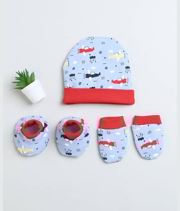 BUMZEE Blue & Red Boys Cotton Cap Mitten Bootie Set Age - 0-3 Months