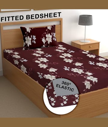 CG HOMES Poly Cotton Floral Fitted 1 Bedsheet with 1 Pillow Cover ( Single Bed ) - Brown