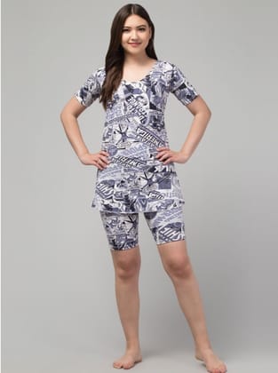 Womens Polyester Spandex Printed Above Knee Slip On Round Neck Swimsuit Set Size 2XL (Grey)