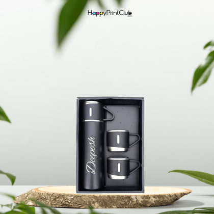 Personalized Vacuum Insulated Flask Gift Set With 2 Cups-Black