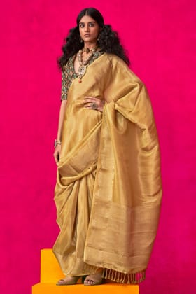 Mustard Zari Weaving Tissue Saree