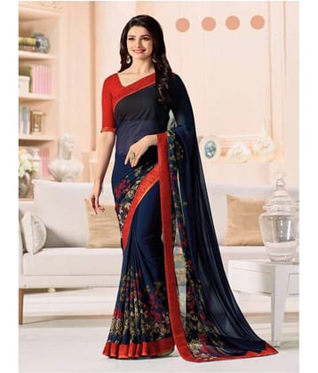 Gazal Fashions Chiffon Printed Saree With Unstitched Blouse Piece ( Blue )