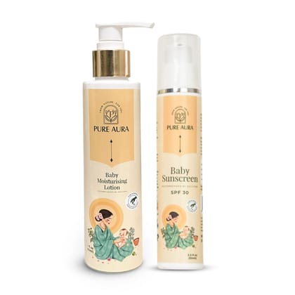 Pure Aura Baby’s Sun Safe Duo | Ayurvedic Baby Sunscreen SPF 30 & Baby Wash | Essential Sun Protection & Skin Nourishment for Babies