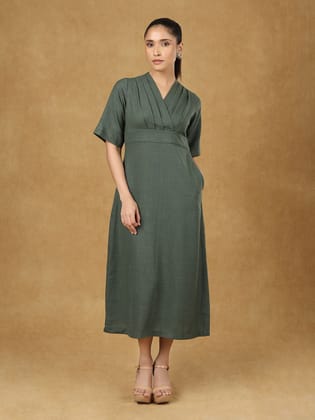 Green Wrap Neck Midi Dress-S