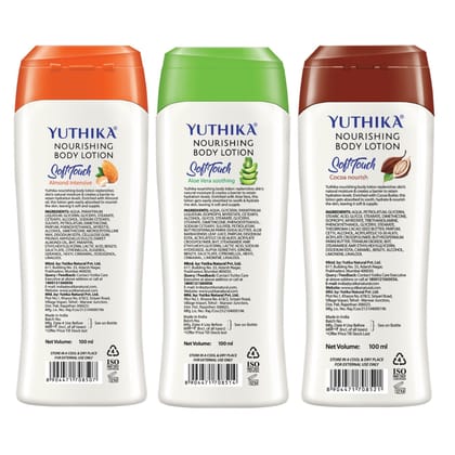 Yuthika Nourishing Body Lotion, Long Lasting, Non Greasy Bodylotion 100ml Pack of 3 (Almond, Aloe Vera & Cocoa Nourish)