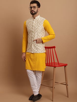 Sojanya Men's Cotton Mustard Kurta and White Pyjama Cream Nehrujacket Set-40