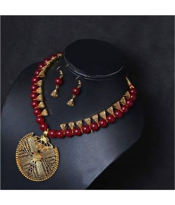 PUJVI Maroon Alloy Necklace Set ( Pack of 1 )