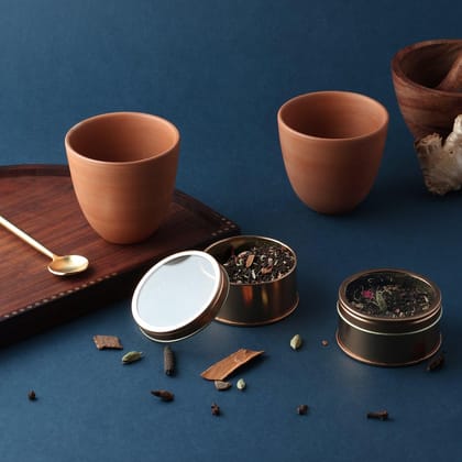 Terracotta Kullhads & Masala Chai (40 gms) Gift Set-Tin Jars , Tea , Terracotta / Tea Tin - 2.5 inches x 1.4 inches | 20 gm x 2; Terracotta Kullhad - 120 ml x 2; Gift Box
