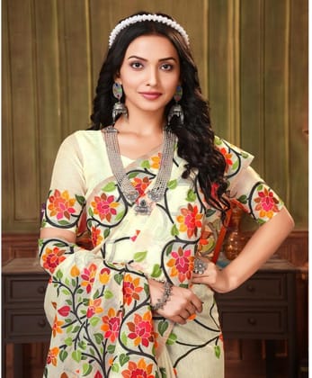 Women's Organza Printed Saree with Unstitched Blouse (White, 5-6 Mtrs)