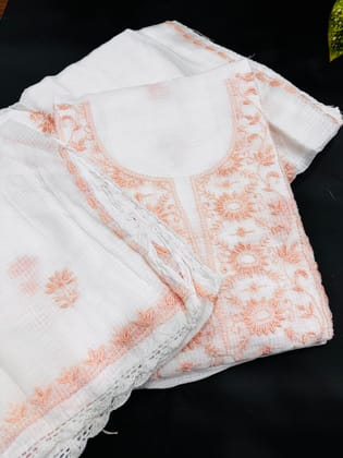 Kota Doria Unstitched Suit Fabric, White with Peach Floral Embroidery, Handcrafted Traditional Design Kota Doria Unstitched Suit Fabric, White with Peach Floral Embroidery, Handcrafted Traditional Design