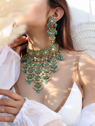 Nihal Green Kundan Necklace Set-Green