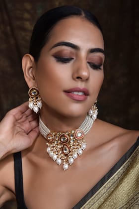 Krisha Red Gold Plated Polki Choker Necklace Set-Polki