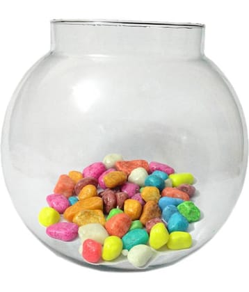 Somil Transparent Round Glass Fish Pot For Zoom View With Colorful Stones, 6 Inch Table Top