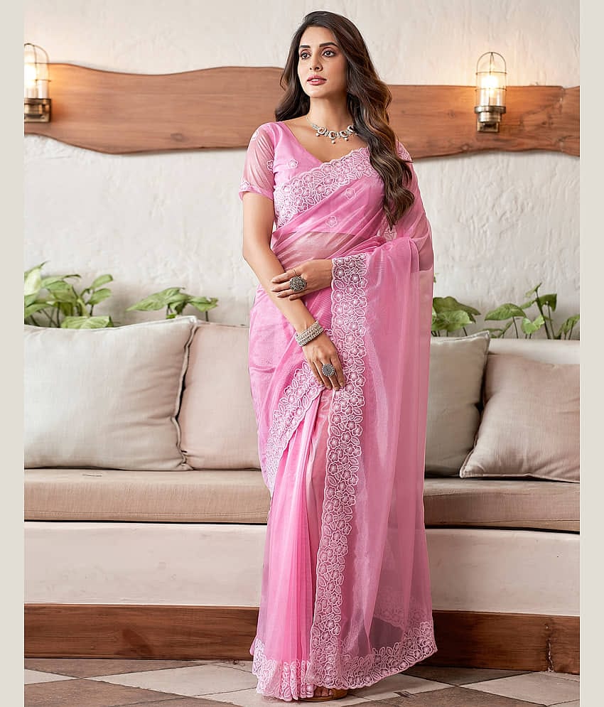 Samah Organza Embroidered Saree With Unstitched Blouse Piece ( Lavender )