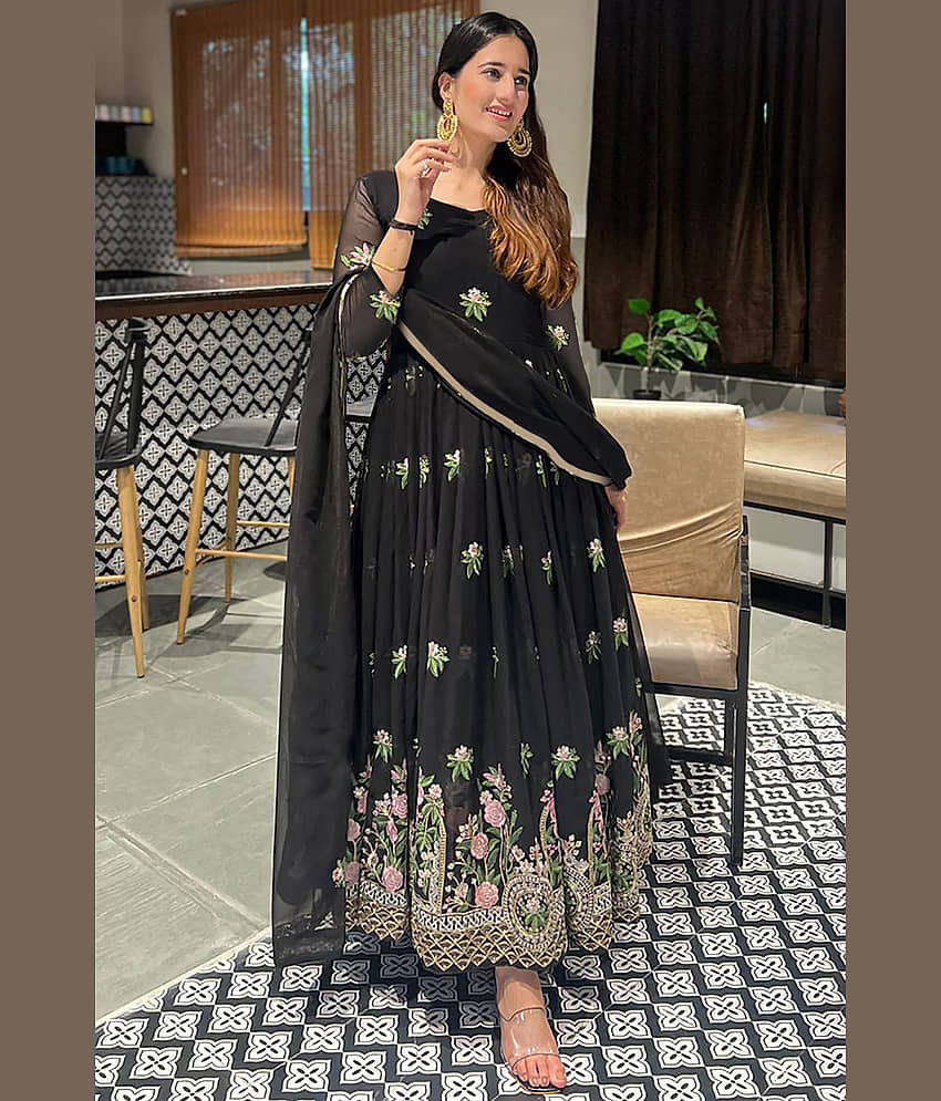 Trijal Fab Black Anarkali Georgette Women's Stitched Ethnic Gown ( Pack of 1 )