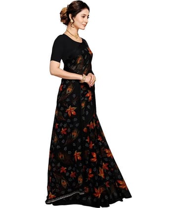 Kanooda Prints Georgette Printed Saree With Unstitched Blouse Piece ( Black )