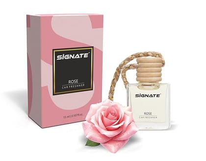 Signate Car Perfume with Essential Fragrance Oils | Car Air Freshener Car Accessories for Interiors, car fresheners with Automatic Dispenser Wooden Lid  15ml (Rose)