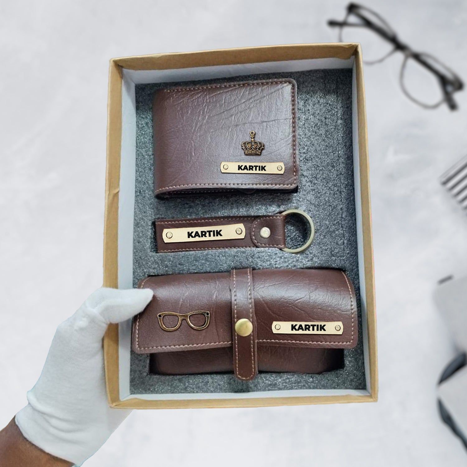 3-in-1 Customized Combo Set (Goggle Case, Keychain, and Wallet) - Textured Finish-(Brown)