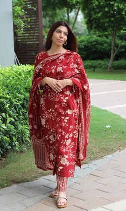 Cotton Classic Red Printed Suit Set with Cotton Printed Dupatta-XXS
