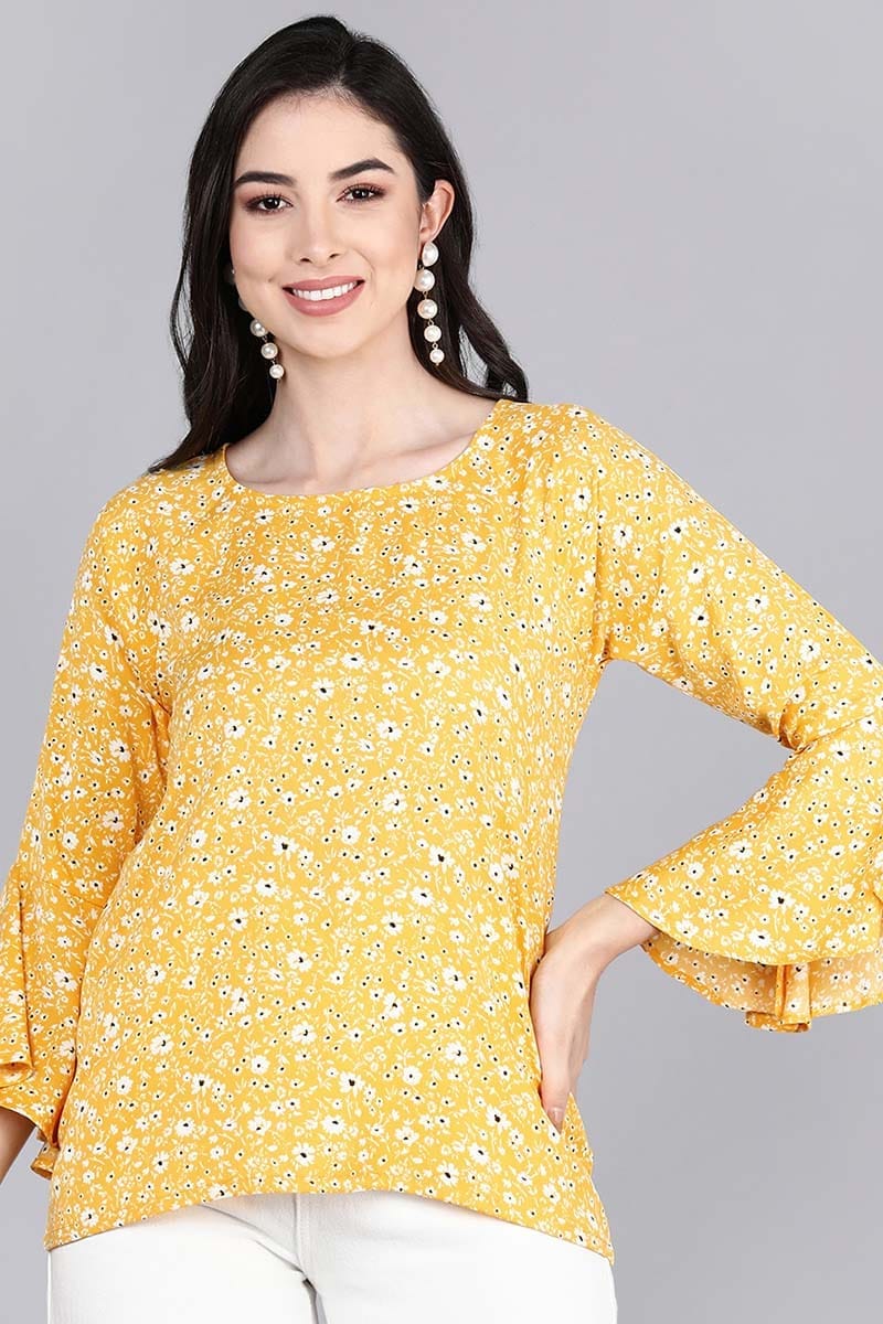 Yellow Poly Crepe Floral Print Top VT1195