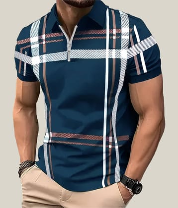 ENITOR Men Cotton Blend Regular Fit Printed Polo T Shirt ( Teal Blue )