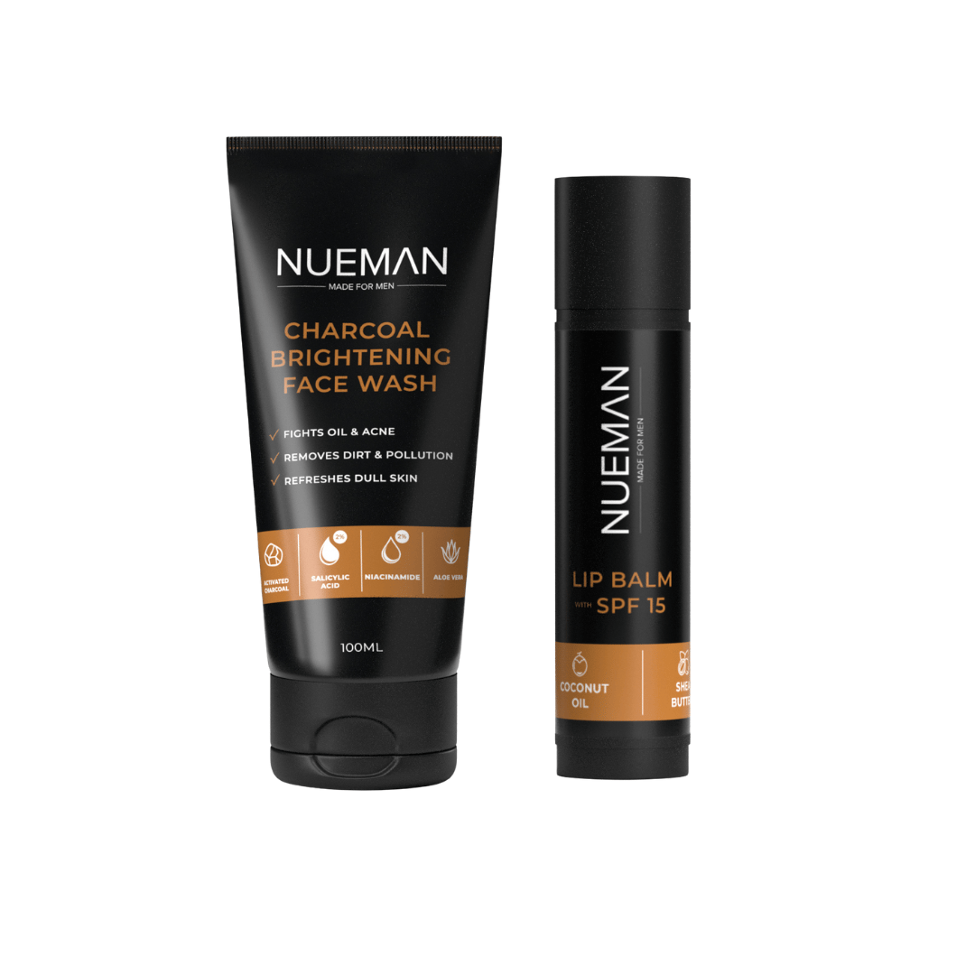 NUEMAN Charcoal Brightening Face Wash (100ml) + Lip Balm with SPF 15 (5g) | Skincare Combo for Men | With Activated Charcoal, 2% Salicylic Acid, Niacinamide, Shea & Cocoa Butter | Acne & Lip Care