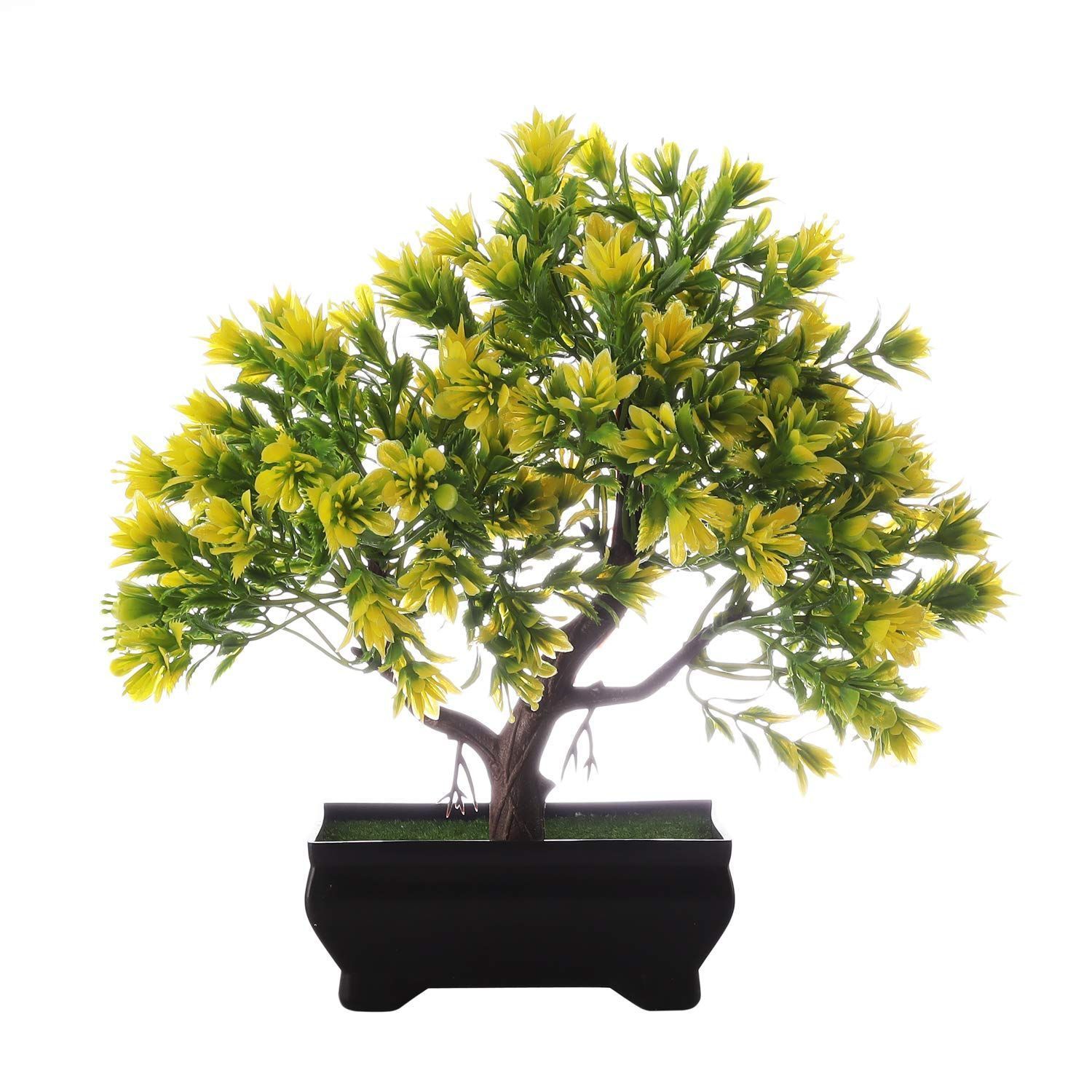FOLIYAJ Artificial 3 Branched Bonsai Tree with Green Leaves and Yellow Flowers with Pot for Living Room,Indoor/Outdoor Decor,Office and Home Decoration