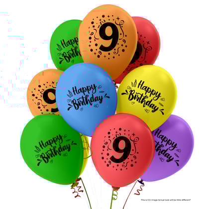 9 Number Balloons and Happy Birthday Latex Balloons with Paper Banner for Nine No. Theme | Pack of 21pcs | 20pcs Balloons + 1 Paper Banner | Multicolor Birthday Balloons