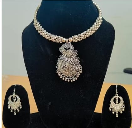 Stylish oxidized silver plated Necklace and Earring (Pack of 3)for girls & women