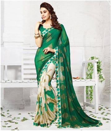 Gazal Fashions Georgette Printed Saree With Unstitched Blouse Piece ( Green,Beige )