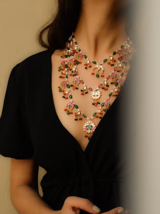 Kaylee Red & Green Multi-layered Kundan Necklace-Green