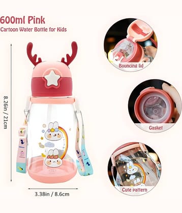 Radhe Fashion Cartoon Water Bottle with Straw Multicolour Plastic School Water Bottle 600 mL ( Set of 1 )