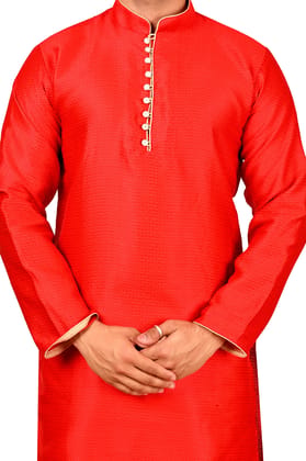 Traditional Loop Buttoned Silk Kurta Set For Men (Color - Red, Size - 36) by G P International