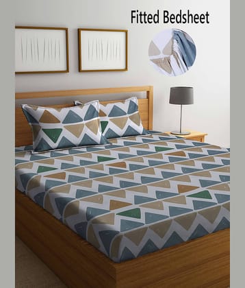 FABINALIV Poly Cotton Geometric Fitted Fitted bedsheet with 2 Pillow Covers ( King Size ) - Beige