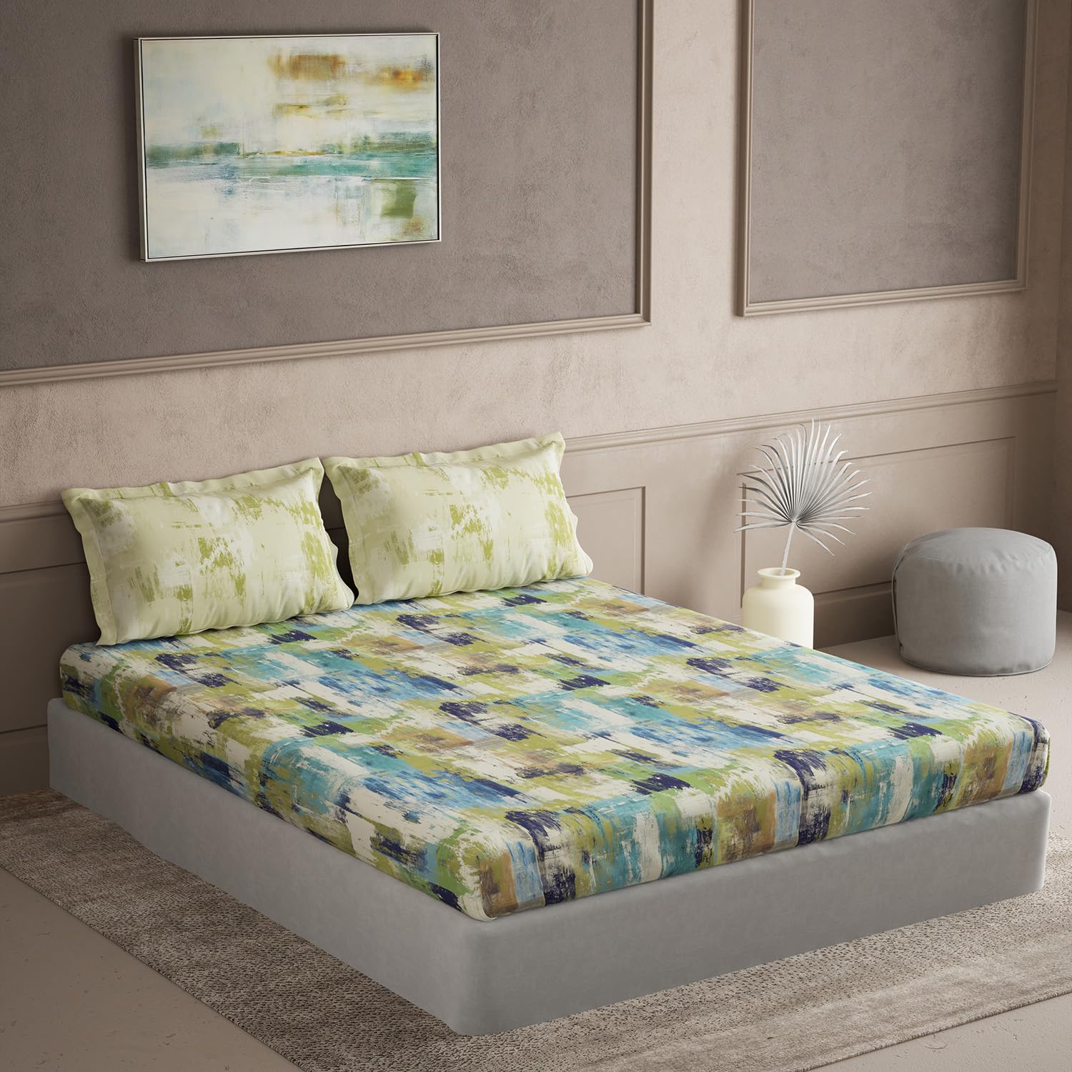 DDECOR - The Elemental Collection 100% Cotton Contemporary Pattern 145TC King Bedsheet |254 CM X 274 CM| with 2 Pillow Covers - Blue