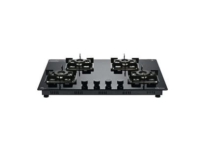 Surya Flame Galaxy Built-in Hob 4 Burner, Sabaf Italy Burners, MicroSwitch, Toughened 8mm Glass Top, Slim Profile, Metal Knobs & SS Drip Trays - Black