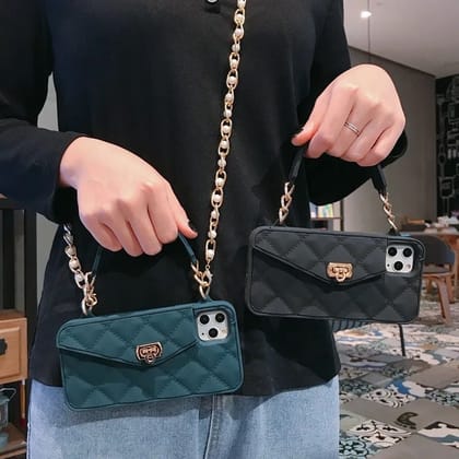 Luxury Rubber Wallet iPhone Soft Silicone Case With Pearl Chain Crossbody-iPhone 15 Pro Max / Purple