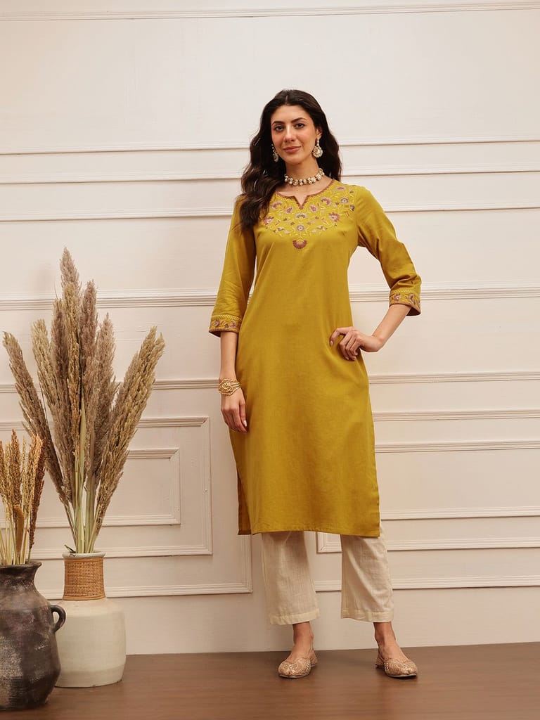 Mustard Floral Embroidered Kurta