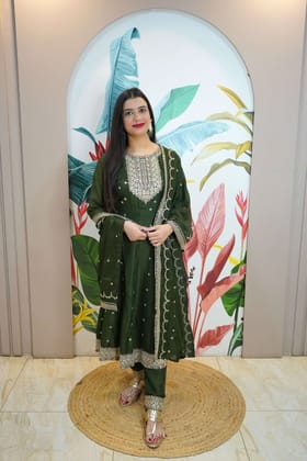 Dark Green Colour Zari Work Anarkali Kurta with Pant & Dupatta-Dark Green / 2XL