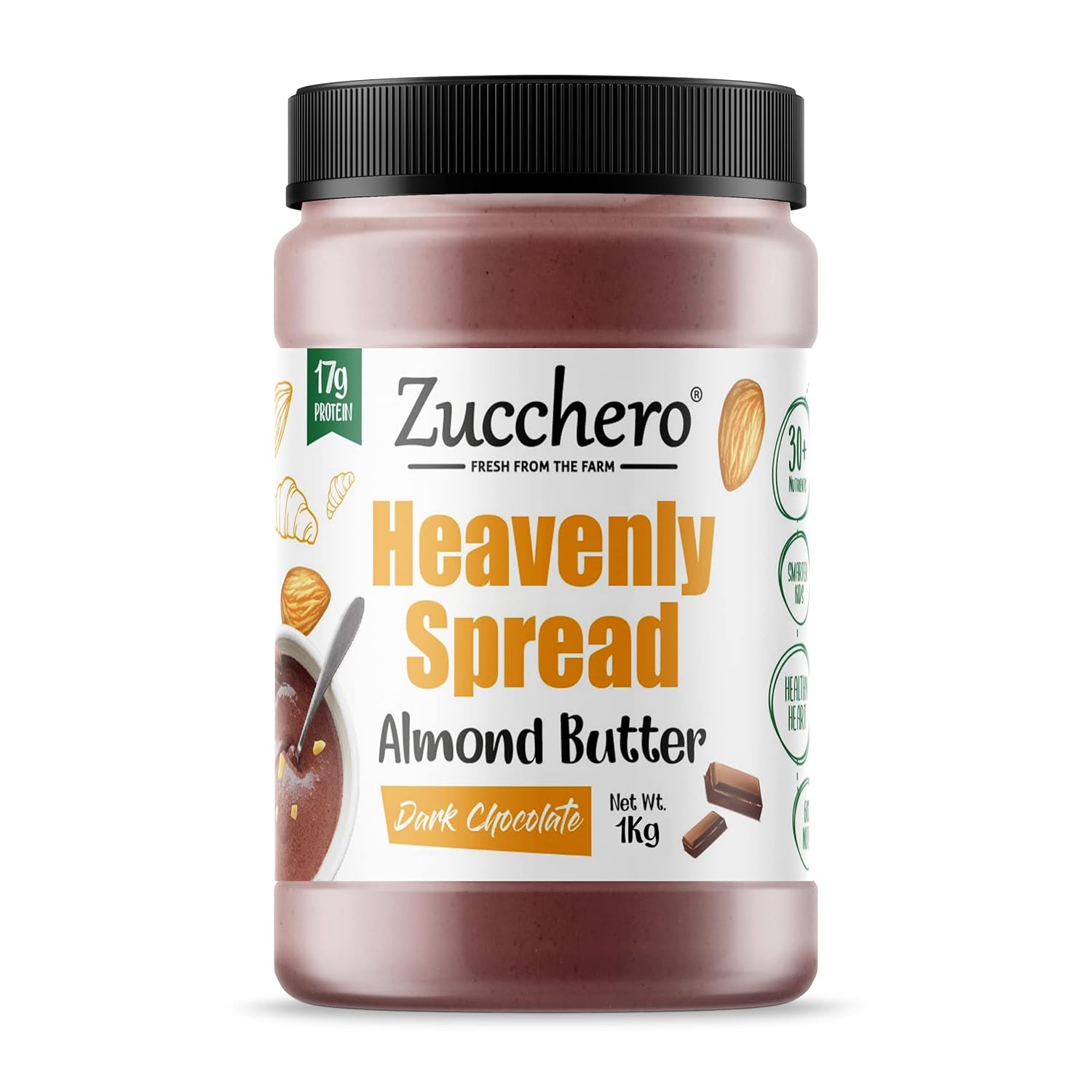 Zucchero Dark Chocolate Almond Butter, Crunchy, 1 Kg - The Heavenly Spread | Nuttiest Chocolate Spread | Lesser Sugar | 60% Almonds