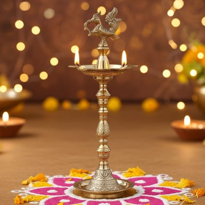 Brass Table Decor Mahabharat Oil Lamp, Deepak  - Epic Design Brass Deepak for Décor, Height : 17 Inch (FMAS686 A)