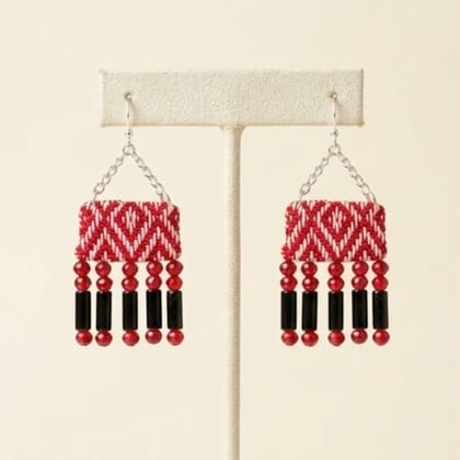 Handcrafted Northeast Tribal Woven Textile Dangle Earrings with Beaded Fringe