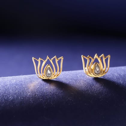 92.5 Silver White Kundan Sacred Lotus Stud Earrings-Earring