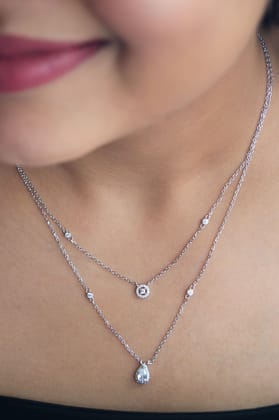Trendy Dual Layered Solitaire Rose Gold Plated Sterling Silver Necklace Set-Silver