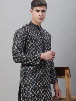 Men's Silk Blend Black Kurta with Multi Color Embroidery-36